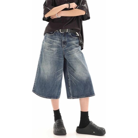 Baggy Wide Leg Cropped Denim Jeans for Women Men Casual Summer Clothes - Picture 2 of 7